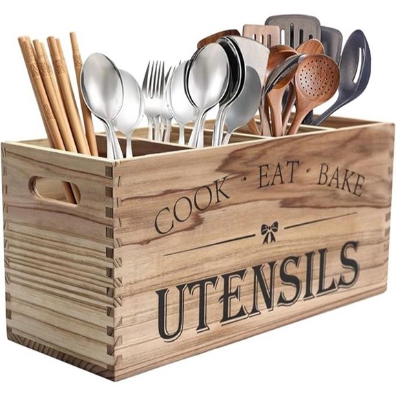 Large Wooden Utensil Holder with 4 Compartments