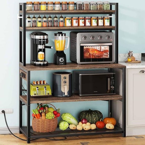 Denkee 5-Tier Rustic Brown Kitchen Shelf with Outlets
