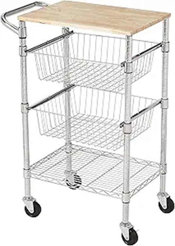 Amazon Basics 3-Tier Metal Basket Rolling Cart with Wood Top Silver