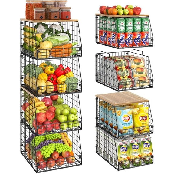 4 Pack Stackable Wire Baskets with Wooden Tops