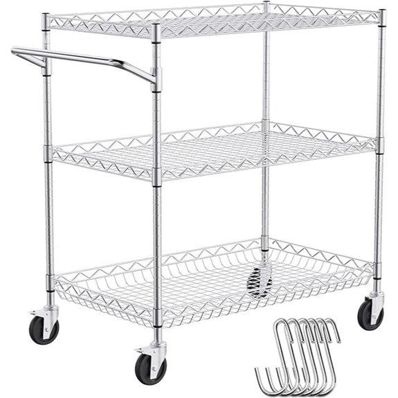 VEVOR 3-Tier Steel Kitchen Utility Cart with Hooks